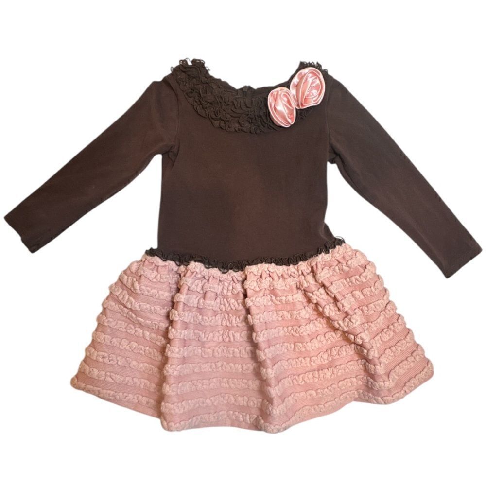 Iris & Ivy Brown and Pink Sateen Rosettes Layered Skirt Dress Girls Size 5
